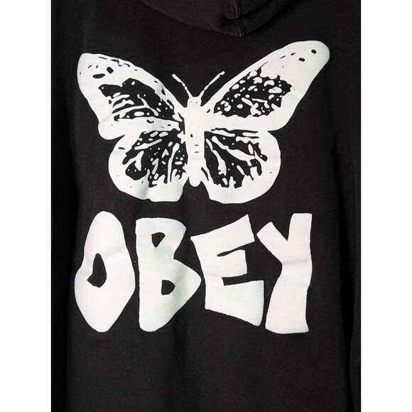 OBEY Hoodie Sweatshirt Adult Large Black Pullover Cotton Butterfly Metamorphosis - Picture 2 of 10